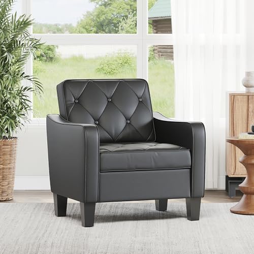 Image of Black Accent Chairs, Faux Leather Armchair, Mid Century Modern Lobby Chair | STHOUYN Waiting Room Chairs, Tufted Back Upholstered, 330LBS Capacity, Office Guest Chairs Living Room Bedroom