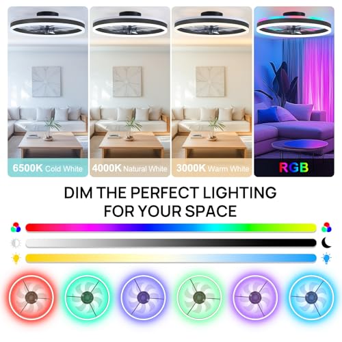 Image of 20 inch RGB Ceiling Fans with Lights and Remote /APP, Dimmable 3000-6500K LED Low Profile Ceiling Fan with Light, Modern Fandelier Flush Mount Ceiling Fan Light for Living Room, Bedroom and Kitchen