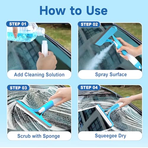 3 in 1 Window Cleaning Scraper, 2025 Upgraded Window Squeegee for Home with Sprayer,Sponge Wipe,Scraper, Bathroom Shower Squeegee for Glass Doors, Mirrors, Tile Shower Walls, Car Windows, Countertop