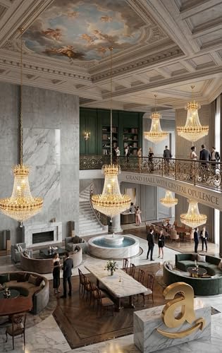 Image of ONFLOW AETERNA LUX Empire Crystal Chandelier with Ruby Red Accents - 32 inch Diameter x 45 inch Height - Elegant Gold Finish Hanging Ceiling Light for Living Room, Dining Hall, and Hotel Lobby (RED Eye)