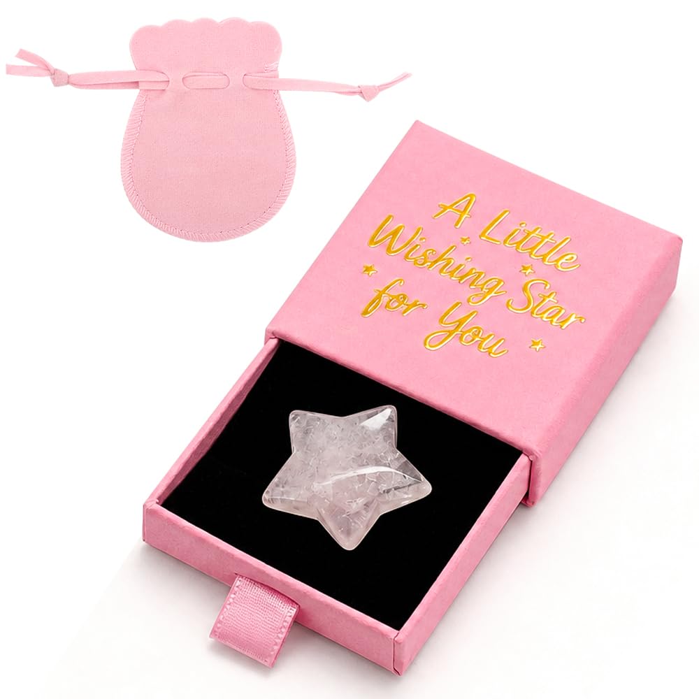 WALLFID Natural Crystal Keepsake Stone Set, Moon Heart Star Stones with Pink Velvet Pouch, Romantic Gift for Girlfriend Wife Her, Valentine’s Day Birthday Christmas (Star)