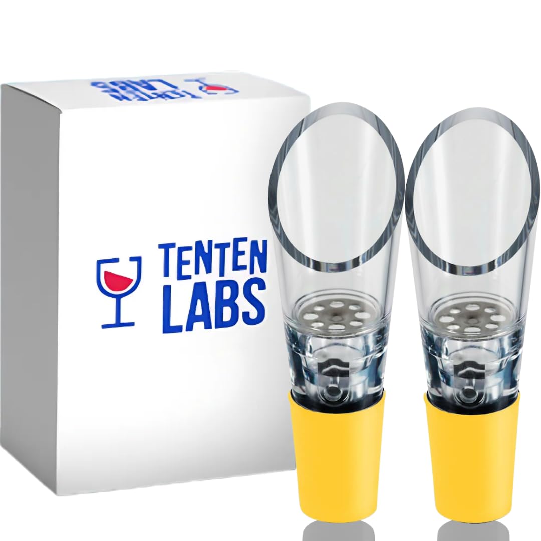 TenTen Labs Premium Wine Aerator Pourer Spout (2-Pack) – Rich Bubbles for Improved Flavor & Aroma – Wine Accessories for Wine Lovers with No-Drip Design – Perfect Gifts for Women and Men – Yellow