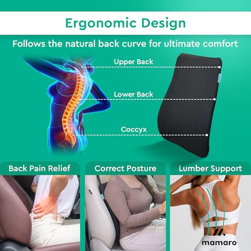 Image of Car Seat Back Cushion with Memory Foam Lumbar Support, Ergonomic Pillow for Back Pain Relief & Spine Alignment, Ideal for Long Drives & Office Chairs - Fits All Car Seats (Black)