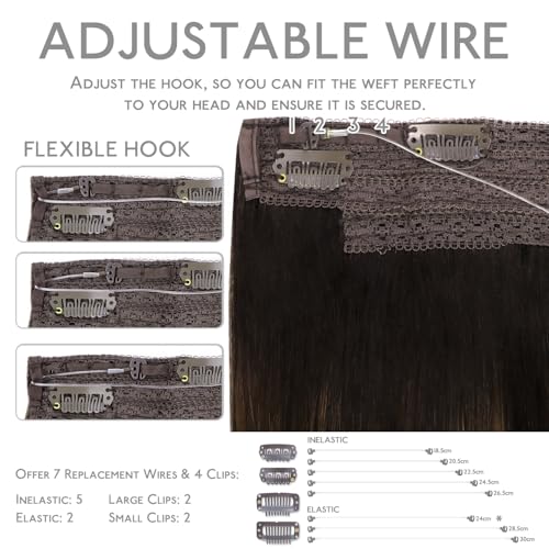 Image of WENNALIFE Wire Hair Extensions Real Human Hair 22 inch 120g Balayage Dark Brown to Chestnut Brown Remy Wire Hair Extensions Invisible Transparent Fish Line Real