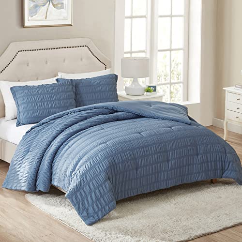 Walensee King Seersucker Comforter Set 100% Polyester Soft Washable Microfiber Bed Comforters With 2 Pillowshams, Lightweight Cozy Bedding Comforter Sets For All Season, 3 Pieces, 104"X90", Navy #TOP4