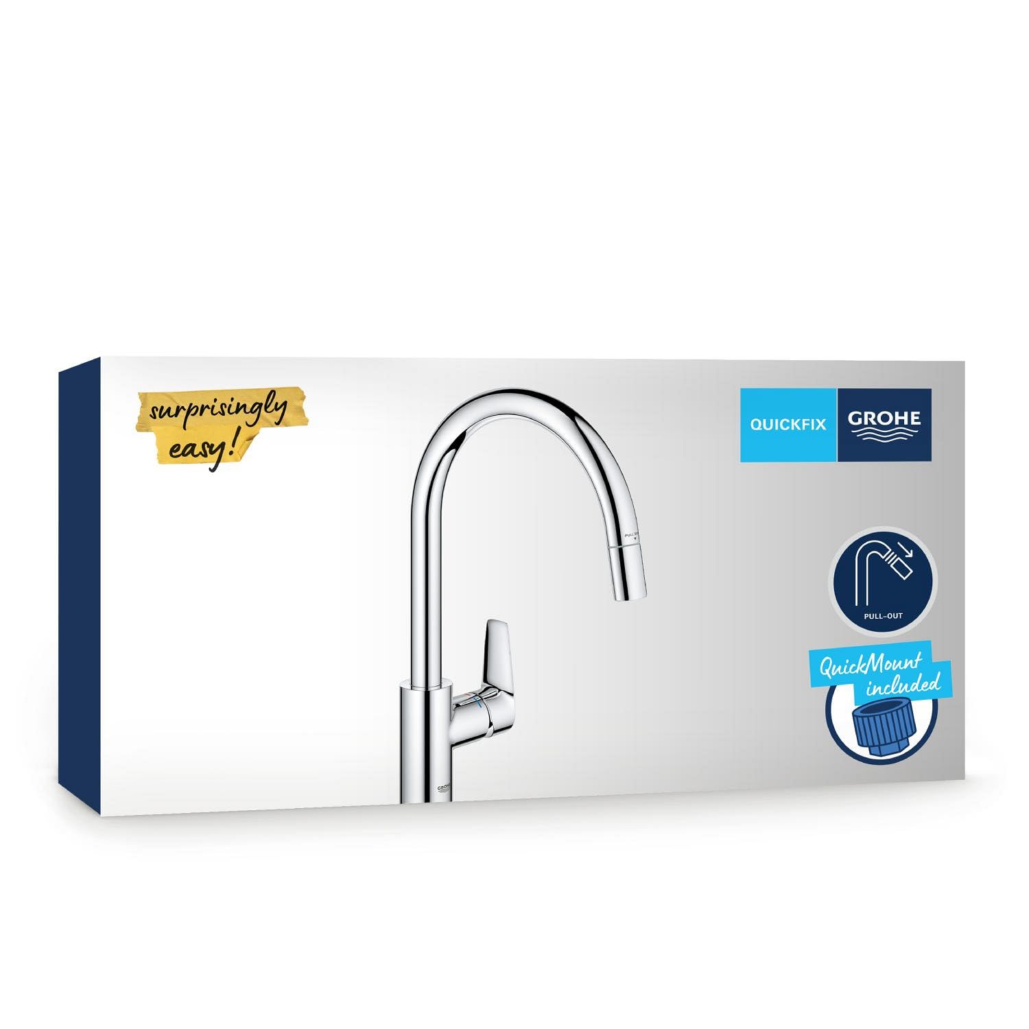 GROHE QuickFix Start Edge, Rubinetto Miscelatore per lavello da cucina a 1 leva con funzione estraibile (bocca a C alta, area girevole a 360°, cartuccia in ceramica da 28 mm) 357 mm, Cromo, 30551000