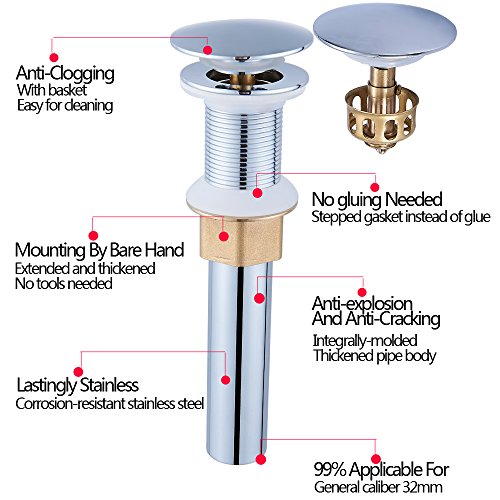 Bathroom Sink Drain, Vessel Sink Pop Up Drain With Detachable Basket Stopper,Anti-Explosion And Anti-Clogging Drain Strainer, Sink Drain Assembly Without Overflow Polished Chrome, REGALMIX RWF082A