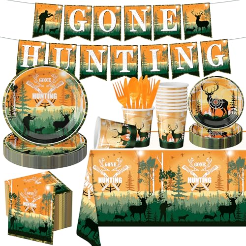 170 Pcs Hunting Birthday Party Decorations, Camo Birthday Party Decorations, Deer Party Supplies Plates Napkins Cups Cutlery Tablecloth for Gone Hunting Themed Party Decorations, Serves 24