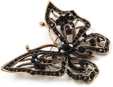 Vintage Black Crystal Butterfly Brooch (Antique Gold), black, dark grey, gold - Image 3