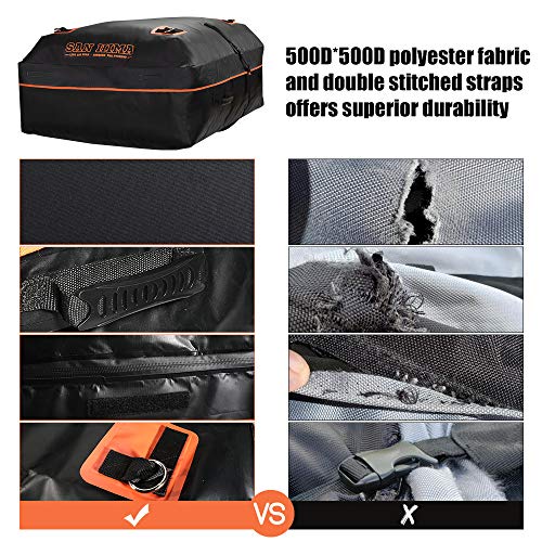 SANHIMA Rooftop Cargo Carrier Bag - 20 Cubic Feet Waterproof Cargo Carrier with Anti-Slip Mat + 2 Reinforced Straps + 4 Bungee Cords + 6 Door Hooks for All Vehicle with/ Without Rack & Truck Bed