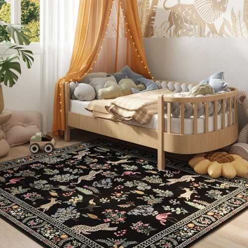 Living Room Rug 6x9 Rug Machine Washable Boho Area Rug Non Slip Floral Animal Vintage Low Pile Large Rug for Living Room, Bedroom, Farmhouse, Dining Room, Kids Playroom (Black)