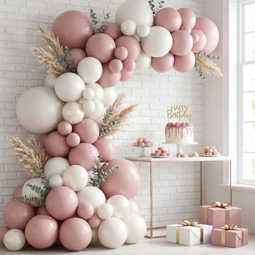 Image of RUBFAC 135pcs Dusty Pink Balloons, Latex Boho Blush Pink Balloon Different Sizes 18 12 10 5 Inch for Garland Arch Baby Shower Engagement Bachelorette Wedding Birthday Party Decorations