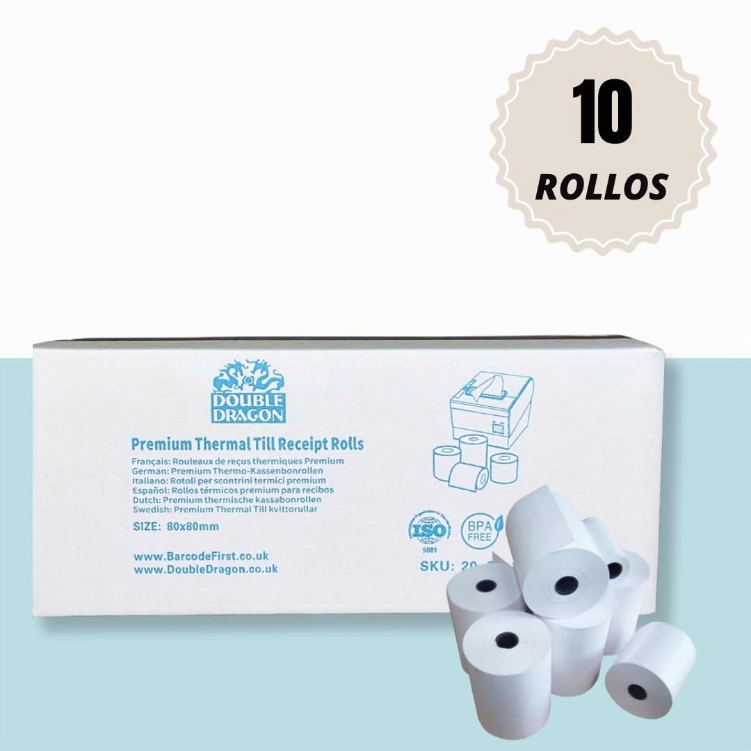 Double Dragon Rollo de Recibo Térmico Premium de 80 x 80 mm para Impresora EPOS, Terminal POS, Caja Registradora [Paquete de 10]