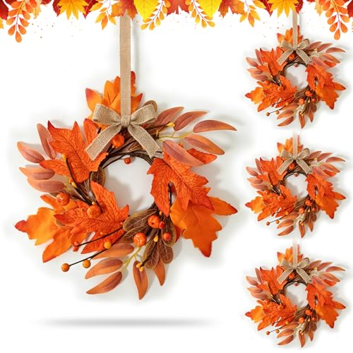 4 PCS Mini Fall Wreaths for Kitchen Cabinet 9 Inch Fall Maple Leaf Wreath for Front Door Small Autumn Hanging Wreath Thanksgiving Candle Ring for Farmhouse Home Porch Wall Window Table Decoration