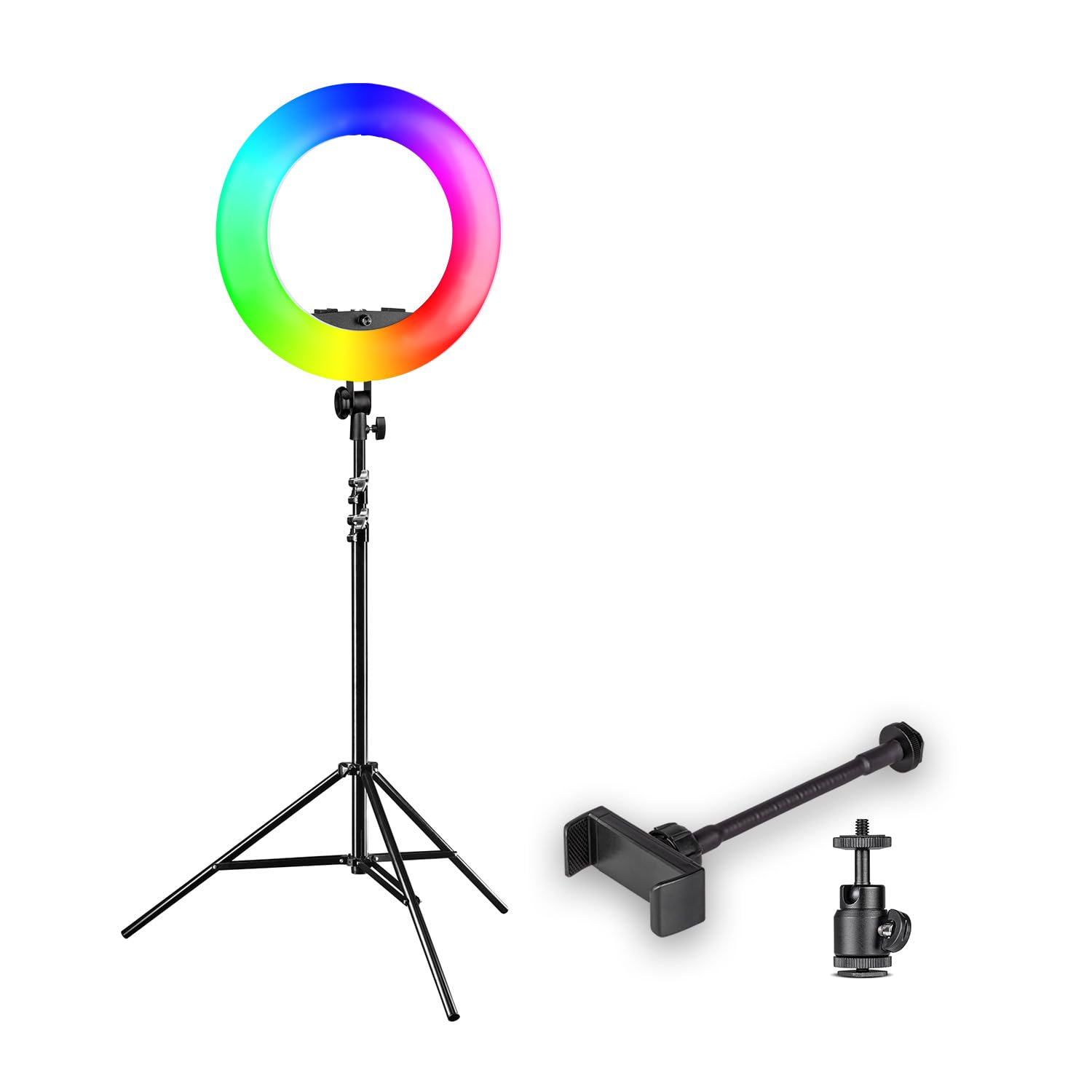 Walimex pro Ring light a LED Rainbow RGB da 60 W con cavalletto fotografico, Luce ad anello per foto e video con supporto smartphone e controllo tramite app
