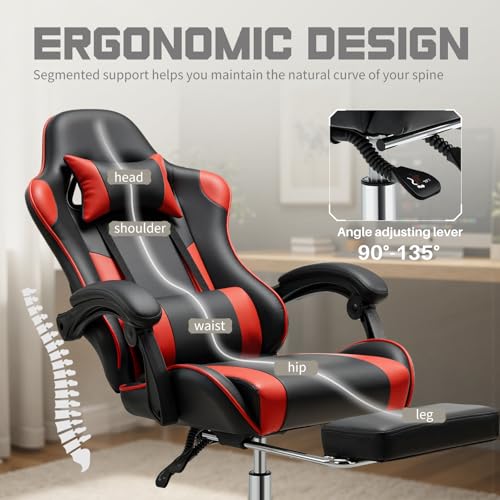 Image of DUMOS Ergonomic Gaming Office Desk Chair with Footrest and Headrest for Adults, PU Leather Video Computer Chair with Linkage Armrests, Height Adjustable 360 Swivel Recling, Black Red