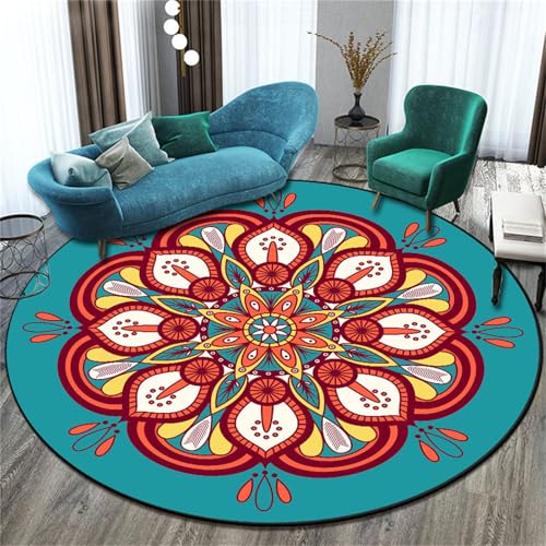 Hearda Alfombra Redonda Terciopelo de Cristal, Alfombras Redondas Lavable Moderno étnico, Lavable Antideslizante Salon Redondas para Cocina Habitacion Oficina (Azul 1,60cm)