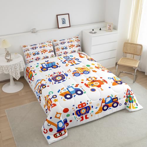 Image of Feelyou Cute Robots Bedding Set Kids Boys Girls Truck Tractor Excavator Comforter Set Toddler Size Watercolor Machine Equipment Duvet Insert Colorful Kawaii Room Decor,Blue Yellow