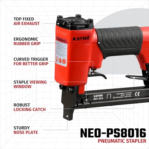 Image of Kaymo NEO-8016 Pneumatic Stapler | 80 Series Compatible | 60-90 PSI | 890g Lightweight | Full Metal Magazine | Rubber Ergonomic Grip | Fixed Top Air Exhaust | Robust Locking Catch | Furniture Use