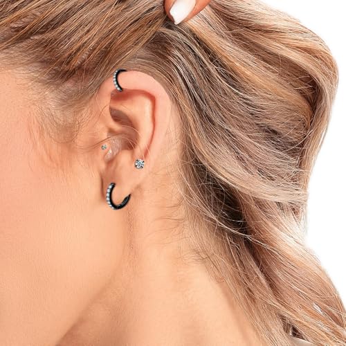 Black Hoop Earrings Sterling Silver Stud Earrings for Men Women 6 Pairs Hypoallergenic Tiny Cubic Zirconia Stud Set Cartilage Hoops 6mm 8mm 10mm by Dlihc - Used condition - Image 6