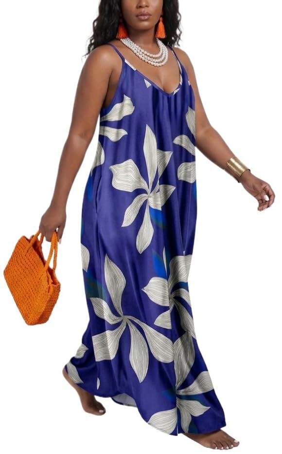 Image of Women's Casual Summer Maxi Dresses Sleeveless Adjustable Spaghetti Strap Loose Plus Size Dresses