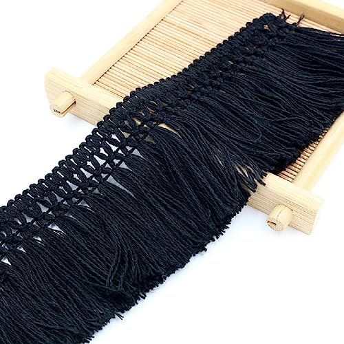 Yalulu 10 Yards Cotton Tassel Fringe Trim Lace Fibre, 2.36inch Tassel Ribbon Sewing Boho Macrame for Clothing Curtain Pillow Carpet Lamp Shade Home Decoration (Black)