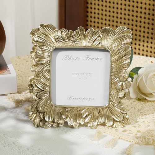 Gold Picture Frames 4x4, Vintage Gold Resin Photo Frame Palm Leaves Textured with Glass Front, Elegant Retro Square Frame for Wall and Tabletop Display Home Decor