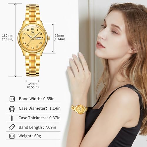 OLEVS Luxury Ladies Watches,Women's Watch with Day and Date,Female Watch for Small Wrist,Gold Stainless Steel Watches for Women,Easy Read Ladies Wrist Watches Waterproof(Adjustable Strap 6