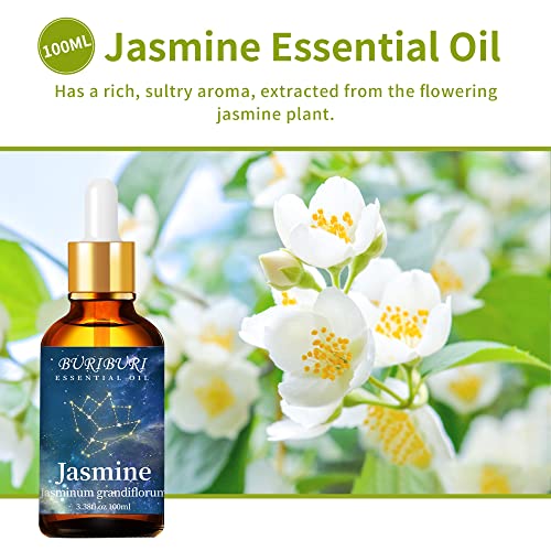 Image of BURIBURI Jasmine Essential Oil 100% Pure Undiluted Aromatherapy Jasmine Oil 100ML /3.38fl.oz for Soap, Candle Making, Massage, Diffuser, Humidifier