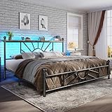 Homkdom Metal Queen Bed Frame with Headboard and Footboard, Queen Size Bed Frame with LED Light, Mattress Foundation with Under Bed Storage/No Box Spring Needed/Noise-Free/Easy Assembly, Black