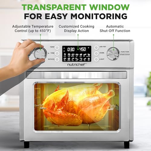 NutriChef Air Fryer Oven with Rotisserie, 26L Large Airfryer Electric Ovens, Table Top Toaster Mini Oven and Grill, Includes Drip Tray, Basket & Bake Rack, 38 x 40.5 x 35.5cm - Stainless Steel