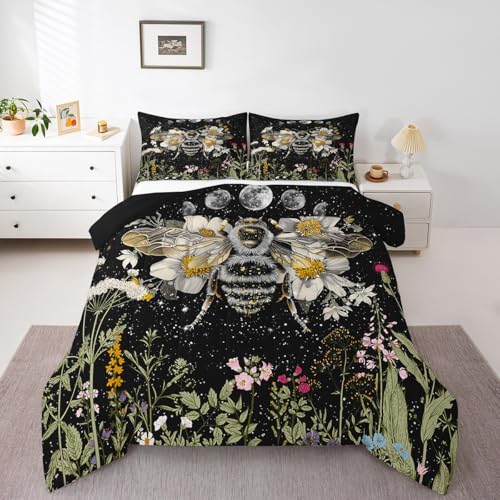 Image of Wildflower Bee Bedding Set for Boys Girl Full,Moon Phase Botanical Honeybee Kids Inner Fill Comforter Vintage Plant Nature Blossom Leaf Floral Garden Leaves Comforter Set,Bohemian Quilt Set Decor