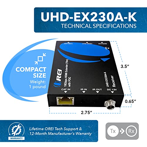 Image of OREI 4K HDMI Extender Over Ethernet, Extender Balun Over Cat6 /Cat7 with Audio Extractor Optical IR up to 230 Feet - Loop Out - 4K@60hz Full UltraHD Signal - Low Latency - Full Support | HDMI Over Cat6, HDMI Extender 4K - 18Gbps, HDR10+, Dolby Vision, HLG, LPCM 7.1, DTS-HD Master, Bi-directional PoC