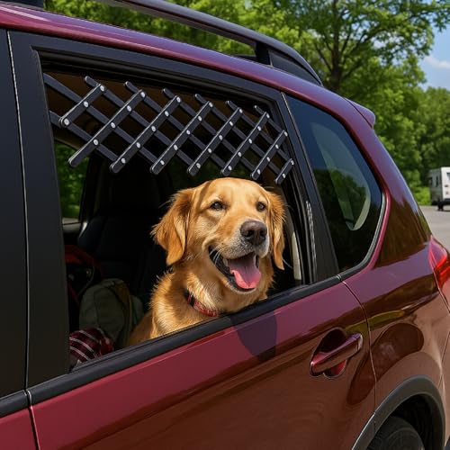 Preiswert&Gut Fenstergitter für Hunde – verstellbares Lüftungsgitter Breite: 24-70cm Höhe: 23-7cm, Autozubehör für frische Luft im PKW, sicherer Halt ohne Werkzeug