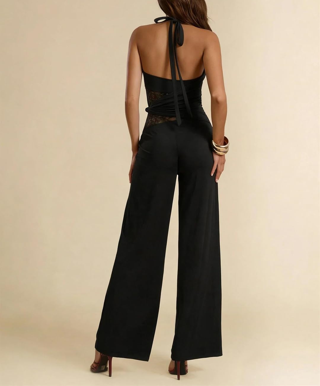 Yeuyyben Enterizo de encaje con cuello en V y pierna ancha para mujer, informal, elegante, para fiesta, verano