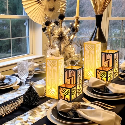 Image of Rossesay 24 Pcs Roaring 20s Centerpieces for Table 3 Size Speakeasy Black and Gold 1920s Birthday Party Decor Lighted Paper Lantern with LED Candle for Vintage Retro Jazz Wedding Speakeasy Party