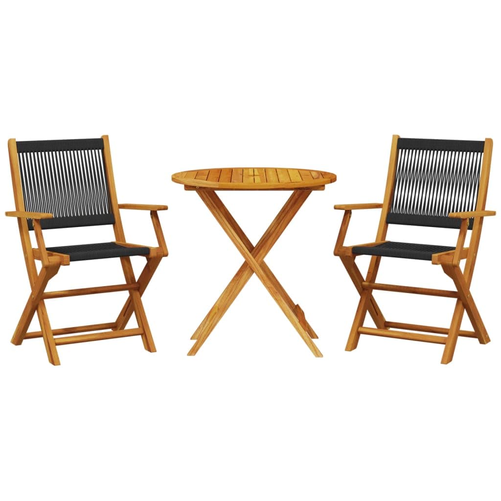 3-częściowy zestaw bistro czarny polipropylen i lite drewno akacjowe, składane meble ogrodowe do ogrodu, na balkon, podwórko, okrągły stół 70 cm, 2 krzesła