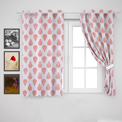 Image of HOMEMONDE Cotton Window Curtain 5 Feet Texture with Hand Block Print Home Decor Eyelets Pack of 2 (3.7ft x 5ft Orange)