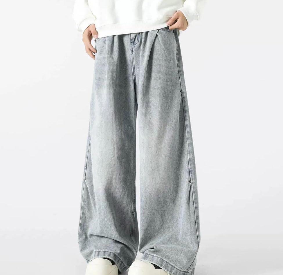 Men’S Vintage Baggy Jeans Mid Waist Denim Pants Streetwear Wide Leg with Zipper Fly and Pockets2