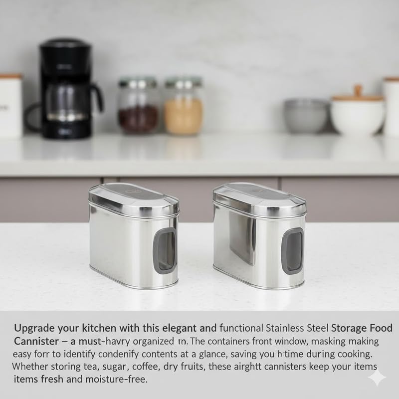 Image of Stainless Steel Capsule Food Canisters /Jars /Containers for Kitchen Storage with See Through Window - set of 2, 1850 ml capacity, 10 cm Diameter, Silver