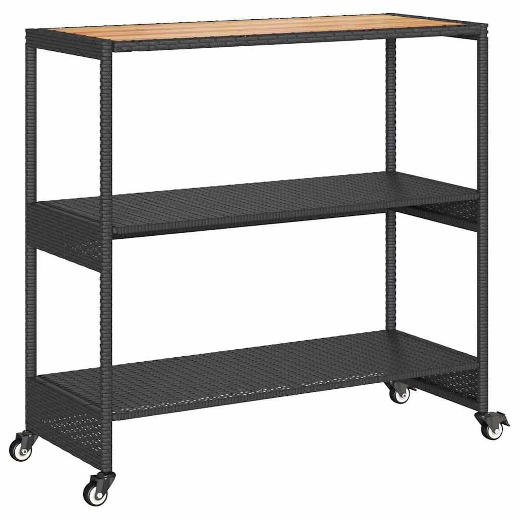 Carrello da portata con ruote e 3 ripiani in polyrattan e legno di acacia, come carrello da bar e carrello per bevande per interni ed esterni