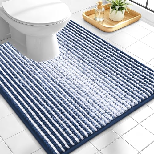 Image of OLANLY Toilet Rugs U-Shaped 24x20, Extra Soft Absorbent Chenille Striped Contour Bathroom Rugs for Toilet, Dry Quickly, Machine Washable, Non-Slip Bath Mat, Navy