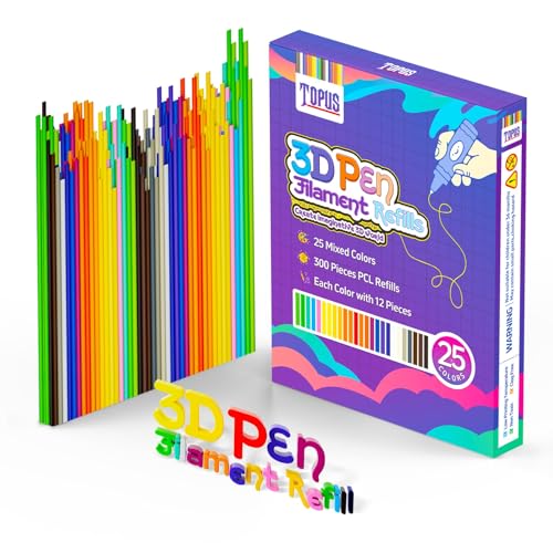 Topus 300Pcs 3D Pen Filament Refills Compatible with 3Doodler Start+ Pen, 25 Colors 3D Filament Bundle, 3D Pen Refill Sticks with 15cm x 12Pcs Per Color, Low Print Temperature PCL Filament 2.5mm Thick