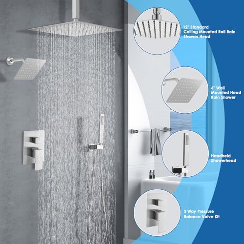 Sistema de Ducha Dual con Ducha de Lluvia de Techo de 12 pulgadas y Ducha de Pared de 6 pulgadas, Kit de Válvula Equilibradora de Presión de 3 Vías, Acabado en Níquel Cepillado miniatura 3
