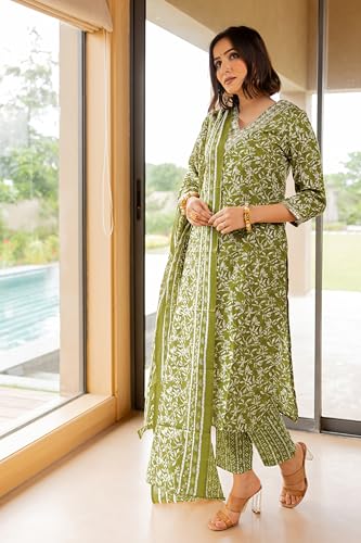 Image of MIRCHI FASHION Women's Straight Fit Pure Cotton Printed Kurta Set with Dupatta and Trouser