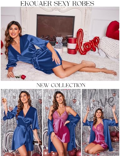 Image of Ekouaer Women's Satin Robe Valentines Lingerie for Women Kimono Bathrobe Short Ruffle Belted Robes Bridesmaids Sleepwear
