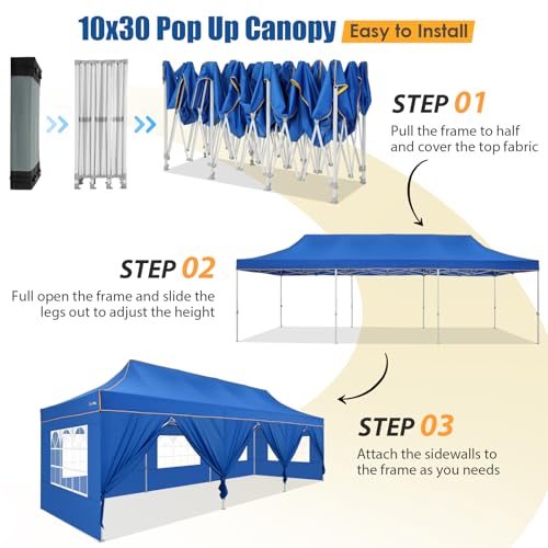 Image of Hoteel 10x30 Heavy Duty Pop Up Canopy Tent with 8 Sidewalls, Blue