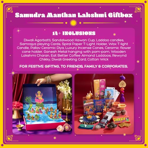 Image of Phool 15 Item Samudra Manthan Lakshmi Diwali Gift Box with Chocloate Ladoo, Bombay Chikky, Diya, Candles, Incense, Poojan Kit | Gift Hamper for Family & Friends and corporte Gifting