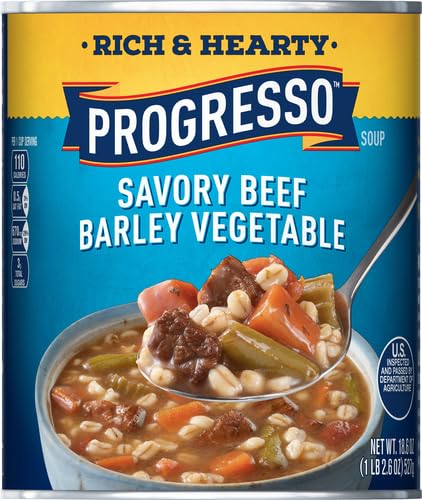 Image of Progresso Rich & Hearty Savory Beef Barley Vegetable Canned Soup, 18.6 oz | Seasoned beef, Barley, Carrots, Tomatoes & green beans in beef broth, No artificial flavors
