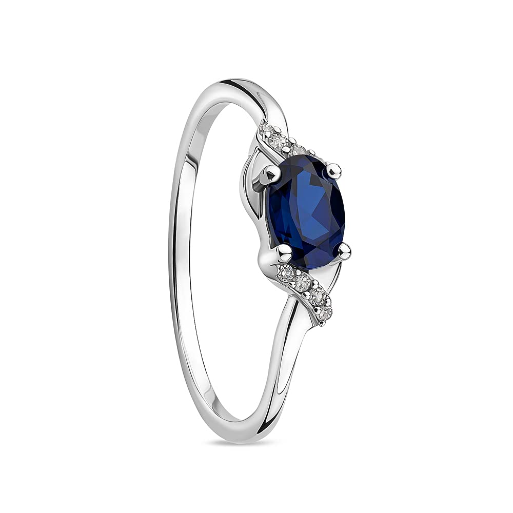 Orovi - Anillo de compromiso de oro blanco con 8 diamantes brillantes de 0,03 quilates y piedra preciosa/piedra de nacimiento zafiro/esmeralda anillo de oro de 9 quilates (375)